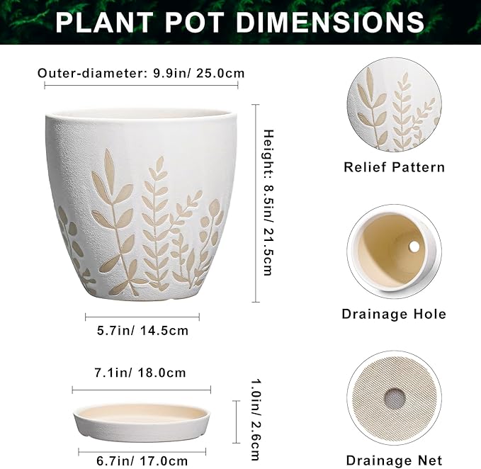 10 Inch Indoor Planter with Saucer - Boho Ceramic Plant Pot with Drainage for Indoor Plants, Large Flower Pot, Home Office Garden Room Decor, Plant Lovers Gifts, White