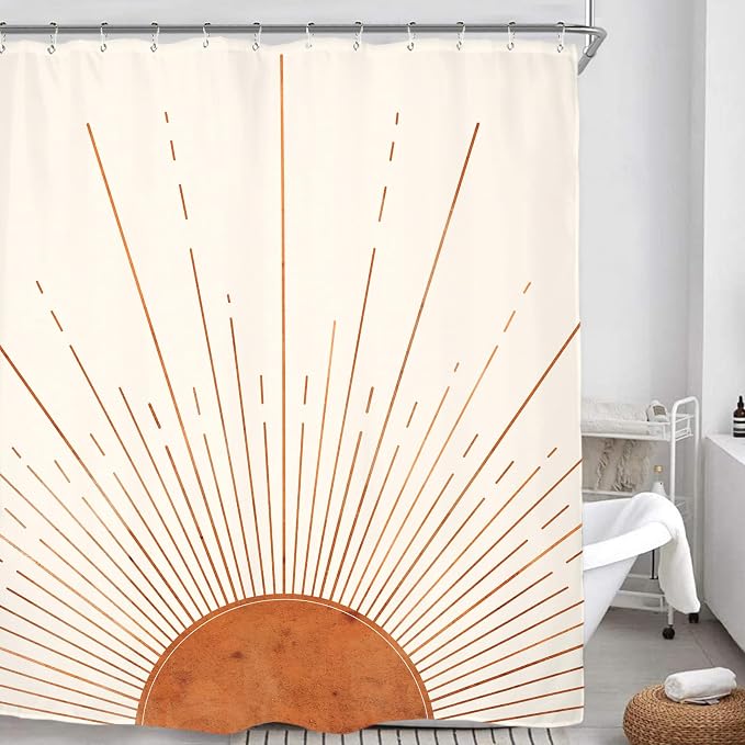 Miyotaa Rust Sun Abstract Shower Curtain Set 60Wx71H Inches Minimalist Mid Century Modern Vintage Aesthetic Sunrise Polyester Waterproof Bathroom Curtain with 12 Hooks