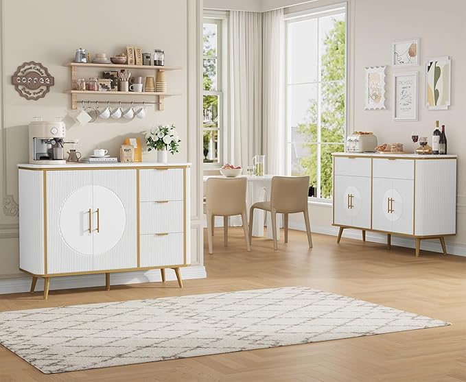 47.3" Modern Buffet Cabinet with Storage, Kitchen Sideboard Buffet with 2 Door & 3 Drawers, Fluted Caffee Bar Storage Cabinet for Dining Room, Living Room, Entryway, White