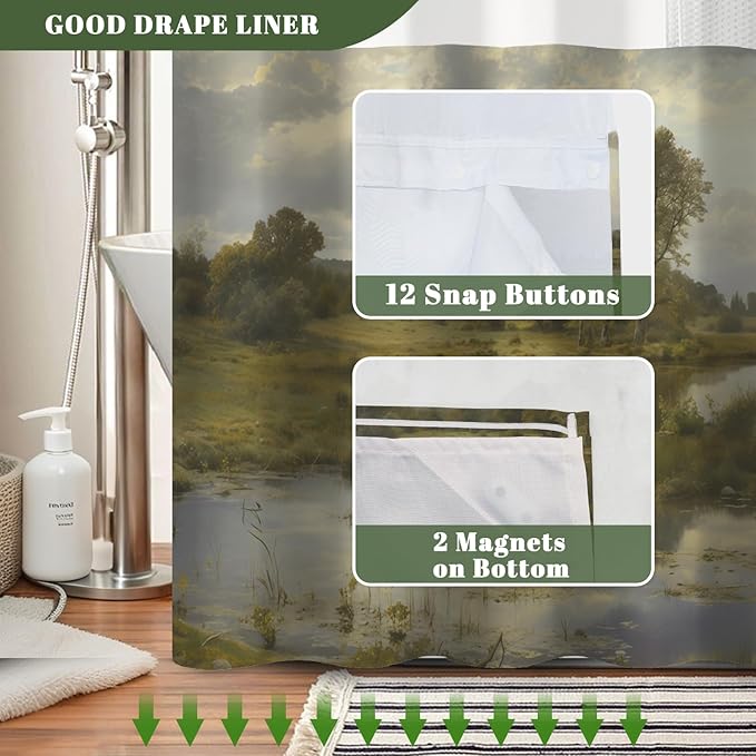 No Hook Shower Curtain with Snap in Liner, Rustic Countryside Landscape Lake Print - Mesh Top Waterproof Bath Tub Curtain Set for Farmhouse Cottage Nature Bathroom Decor, 71W x 74H
