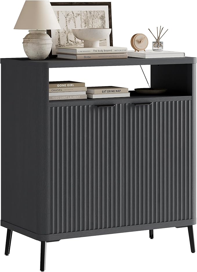 Buffet Sideboard Cabinet with Storage, Fluted Coffee Bar with 2 Doors and Adjustable Shelves, 34'' Modern Wood Cabinet for Dinning Room, Kitchen, Living Room,Coffee Bar (Black Grey)
