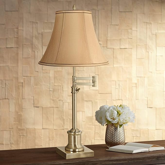 360 Lighting Westbury Traditional Swing Arm Desk Table Lamp Adjustable Height 36" Tall Antique Brass Tan Fabric Bell Shade for Living Room Bedroom House Bedside Nightstand Home Office