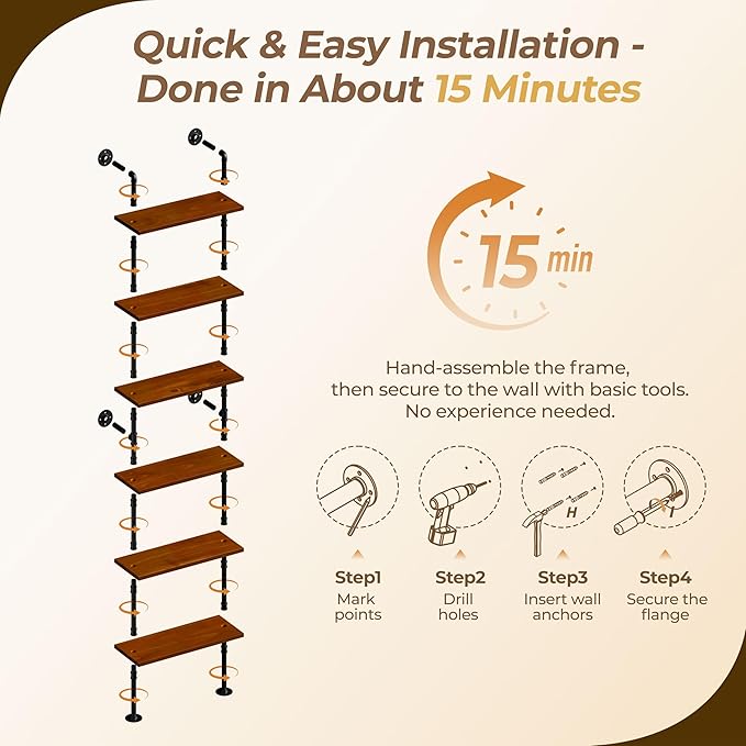 Pipe Industrial Shelves, Wall Mounted Wood Metal Ladder Rustic Bookshelf (Walnut Color, 6 Tier - 10" D x 30" W x 82.5" H)