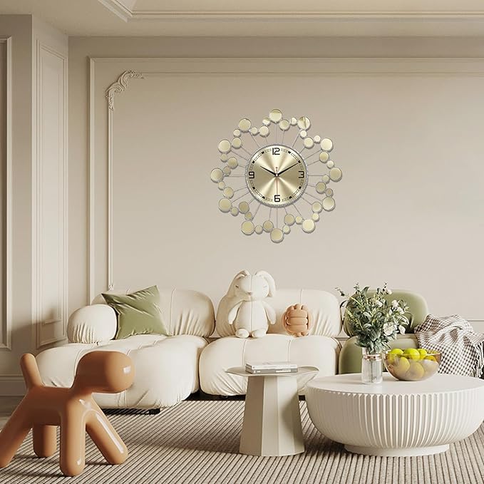 Mid Century Modern Silver Silent Wall Clock Non Ticking for Living Room, 23 inch Decorative Round Black Clock for Wall, Unique Metal Fancy Clock Wall Decor for Bedroom Entryway