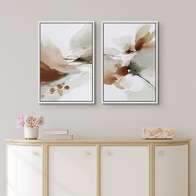 IDEA4WALL Framed Canvas Print Wall Art Set Earth Tone Watercolor Abstract Minimalist Nature-Inspired Illustrations Modern Art Decorative Calm/Zen for Living Room, Bedroom, Office - 16"x24"x2 White