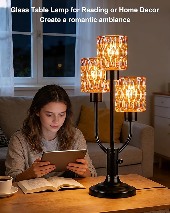 Lightdot Mid Century Modern Table Lamp for Bedroom Dimmable Nightstand Lamp Vintage Black Desk Lamp Amber Glass 3 Bulbs Included Warmwhite Ambient Bedside Lamps for Living Room Home Office Decor Gift