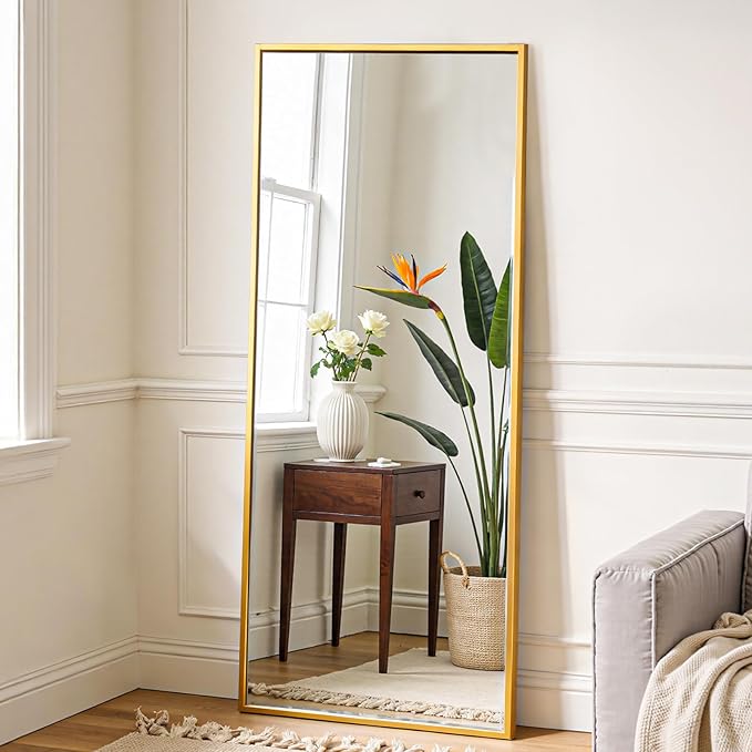OLIXIS Gold Full Length Mirror 60"x16" for Bedroom, Full Body Mirror with Stand, Hanging or Leaning for Wall, Aluminum Alloy Thin Frame Floor Standing for Living Room, Long