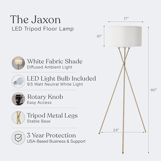 Brightech Jaxon Tripod Floor Lamp with Pleated Drum Shade, Modern Lamp for Living Room & Office, Contemporary and Elegant LED Lamp, Gold Standing Lamp for Bedroom Reading, Home Decor - Brass