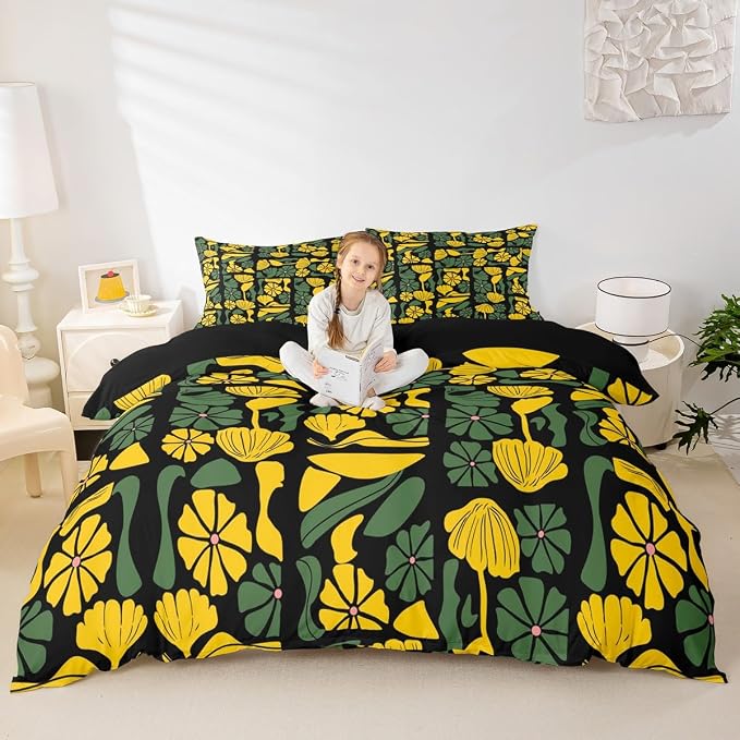 Erosebridal Boho Abstract Floral Toddler Duvet Cover Vintage Patchwork Yellow Green Plant Bedding Set Mid Century Modern Abstract Geometric Comforter Cover for Kids Adults,Botanical Flowers Bed Set