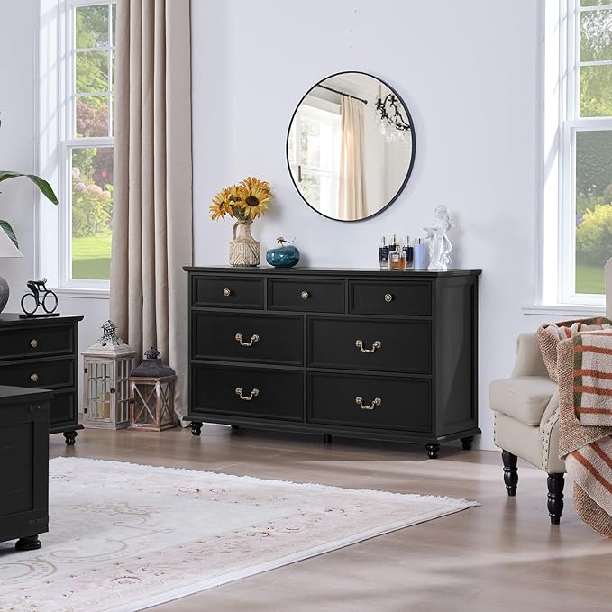 Farmhouse 7 Drawers Dresser Sets of 2 for Bedroom, Black 54 Inch Wide Chest of Drawers w/ 4 Wooden Legs, Large Vintage Rustic Closet Dressers for Living Room, Wood TV Stand