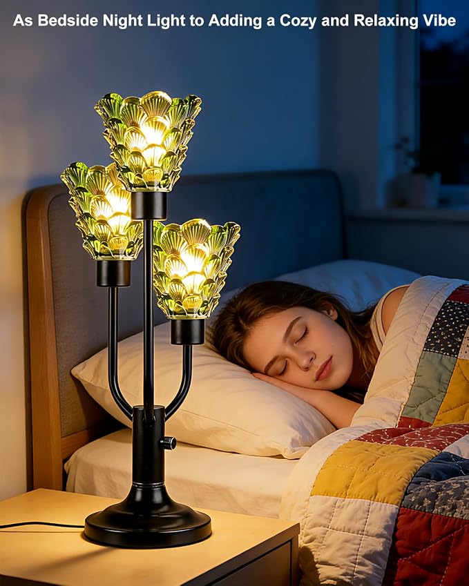 Lightdot Vintage Mid Century Modern Table Lamp Dimmable Nightstand Lamp Black Desk Lamp Green Glass 3 Bulbs Included Warmwhite Ambient Bedside Lamp for Living Room Bedroom Home Office Decor Gift