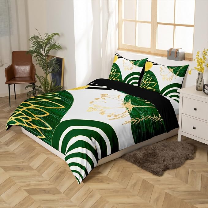 Erosebridal Green Boho Modern Queen Comforter Cover for Women Men Adults - Mid Century Abstract Duvet Cover Bohemian Geometric Bed Set Chic Contemporary Stripes Bedding Set