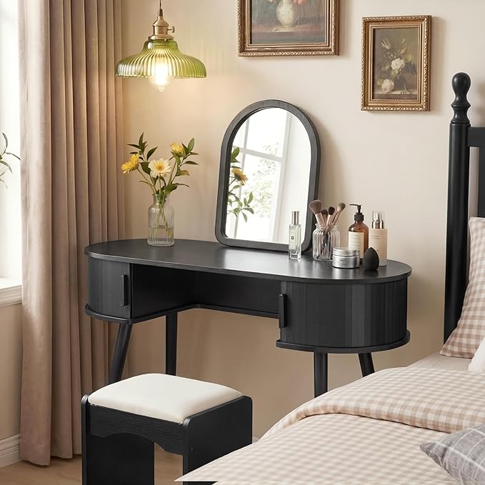 AVZEAR 43" Oval Fluted Home Office Desk, Small Computer Desk Mid Century Modern Vanity Table with Sliding Tambour Door, Wooden Writing Study Desk for Small Spaces, Bedroom, Office(Black)