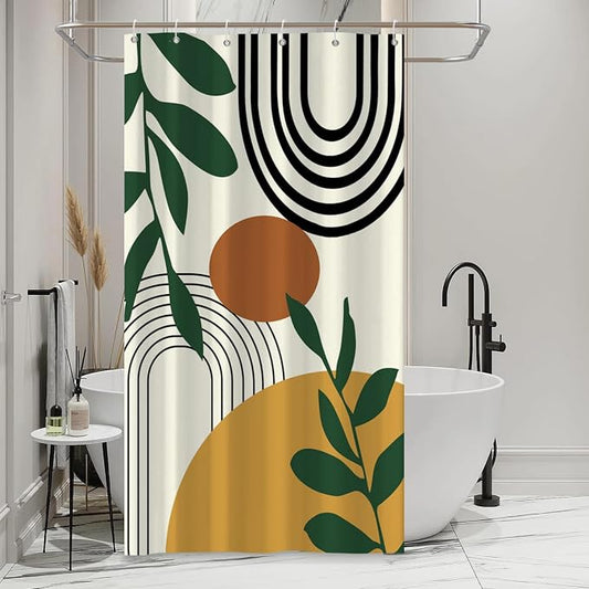 Boho Geometric Shower Curtain Beige Mid Century Abstract Arch Curve Bathroom Curtain Minimalistic Sun Shower Curtain Sets for Bathroom Extra Long 54x72 in with 10 Hooks