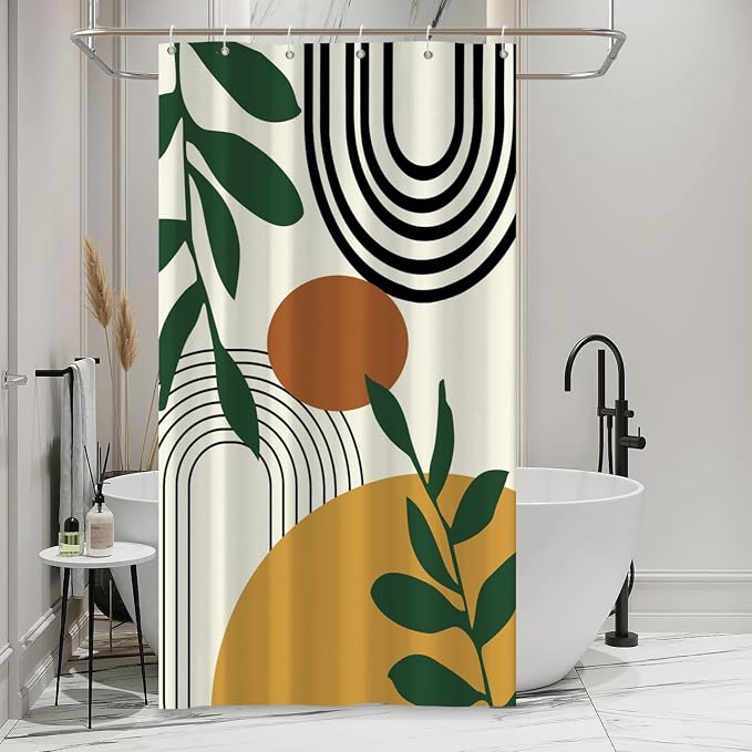 Boho Geometric Shower Curtain Beige Mid Century Abstract Arch Curve Bathroom Curtain Minimalistic Sun Shower Curtain Sets for Bathroom Extra Long 36x72 in with 6 Hooks