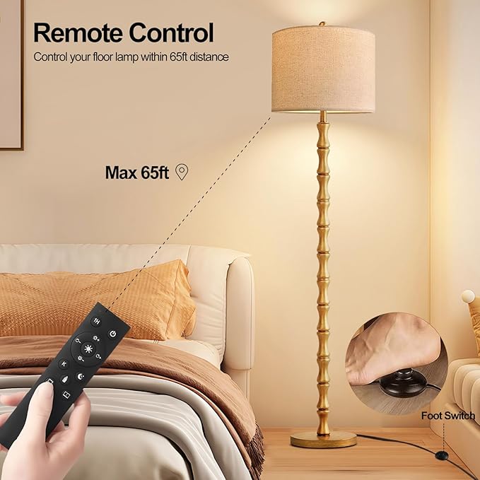 ILLMTW Gold Floor Lamp for Living Room,Bedroom,Mid Century Standing Lamp with Remote Dimmable,Vintage Tall Lamp Farmhouse Industrial Rustic Retro Floor Light Boho Bohemian
