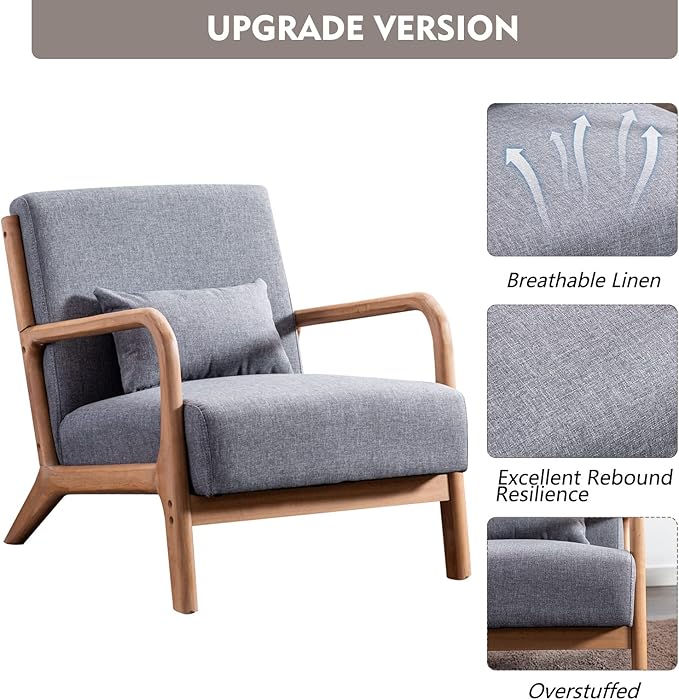ANJ Mid Century Modern Accent Chair, Single Fabric Lounge Reading Armchair with Solid Wood Frame, Easy Assembly Arm Chairs for Living Room, Grey