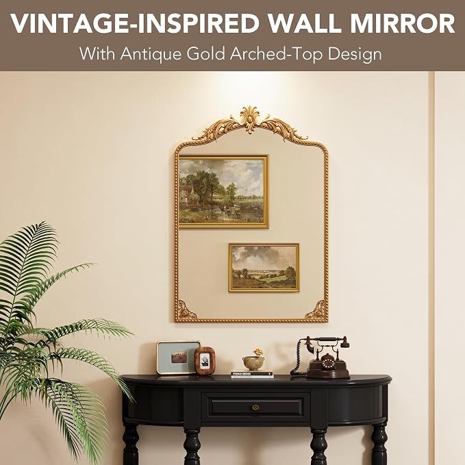Arched Gold Carved Wall Mirror - 40''x28'' Vintage Gold Large Baroque Wall-Mounted Mirror - Iron Frame with Beaded Trim - Antique French Ornate Mirror for Entryway/Hallway/Fireplace/Bathroom