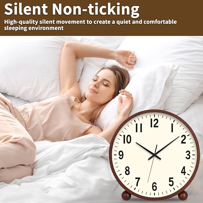 Maxspace Wooden Table Clock,8in Silent Non-Ticking Desk Clock,Battery Operated Desktop Analog Clock for Living Room Bedroom Kitchen Office Classroom Decor (Walnut - Cream Finish)