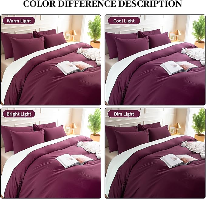 NEXHOME PRO 100% Washed Cotton Duvet Cover Queen Size, Ogranic Natural Linen Feel Breathable Bedding Set with Zipper Closure, 3 Pieces Duvet Cover Set Wine (No Comfortert) 9090