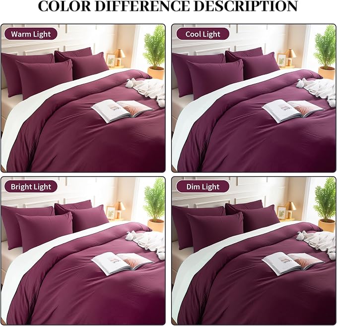NEXHOME PRO 100% Washed Cotton Duvet Cover Full Size, Ogranic Natural Linen Feel Breathable Bedding Set with Zipper Closure, 3 Pieces Duvet Cover Set Wine (No Comfortert) 8090
