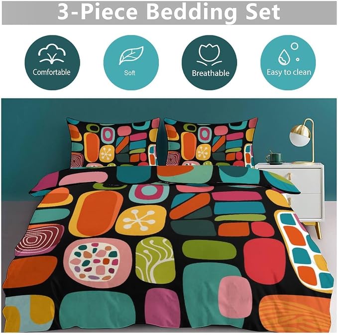 Modern Geometric Bedding Set,Retro Mid Century Colorful Diamond Abstract Geometric Vintage 60s 70s Pattern Comforter Set with Pillowcase for Bedroom Bed Decor，Twin 86"x70"