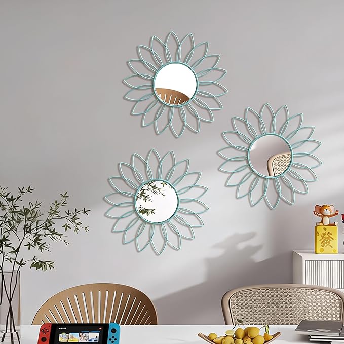 3 Pack Metal Mirrors for Wall Sunburst Wall Mirrors Home Décor Decorative Hanging Wall Art for Living Room Bedroom Entryway (Blue, Flowers)