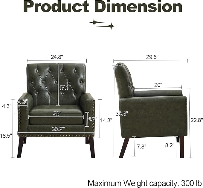 Mid Century Modern Accent Chair, Dark Green Faux Leather Office Chair for Reception - Tufted Leather Club Chair for Living Room, Bedroom, or Waiting Room