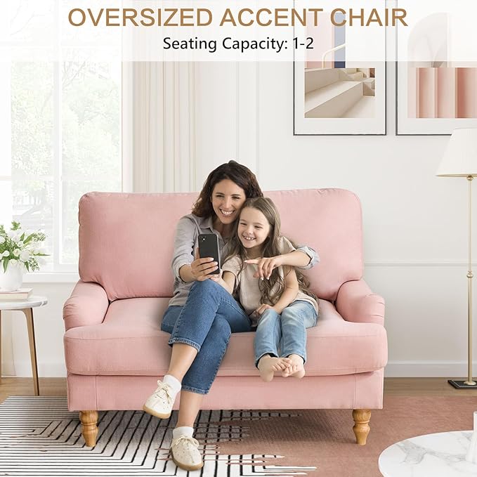Bezseller Oversized Chair Indoor with Ottoman, 46" W Upholstered Armrest Sofa, Big Comfy Lounge Sofa Deep Seat Sleeper Chair for Living Room, Apartment, Bedroom, Reading Room(Pink)