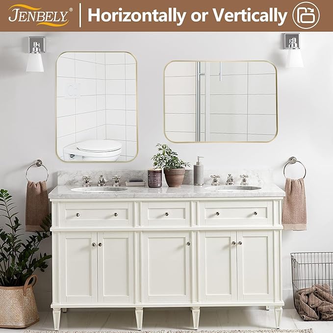 40x30 Inch Brushed Nickel Bathroom Mirror, Framed Rectangle Mirror with Rounded Corner, Brushed Mirror, Silver Bathroom Mirror for Over Sink, Vanity, Living Room, Bedroom, Horizontal/Vertical