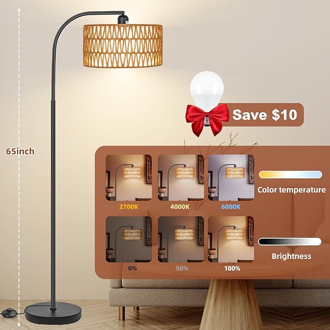 Rattan Floor Lamps for Living Room, Boho Standing Lamps with Rattan& Linen Double Shades, Arc Lamps Floor Standing with 9W Bulb, Foot Switch, Bohemian Floor Lamps for Bedroom, Office
