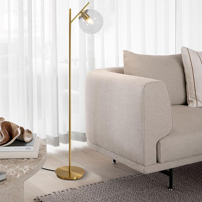 Mid Century Brass Floor Lamps Vintage Clear Standing Lamp for Living Room Modern Tall Freestanding Lamps Retro Farmhouses Globe Floor Lamp for Bedroom Office