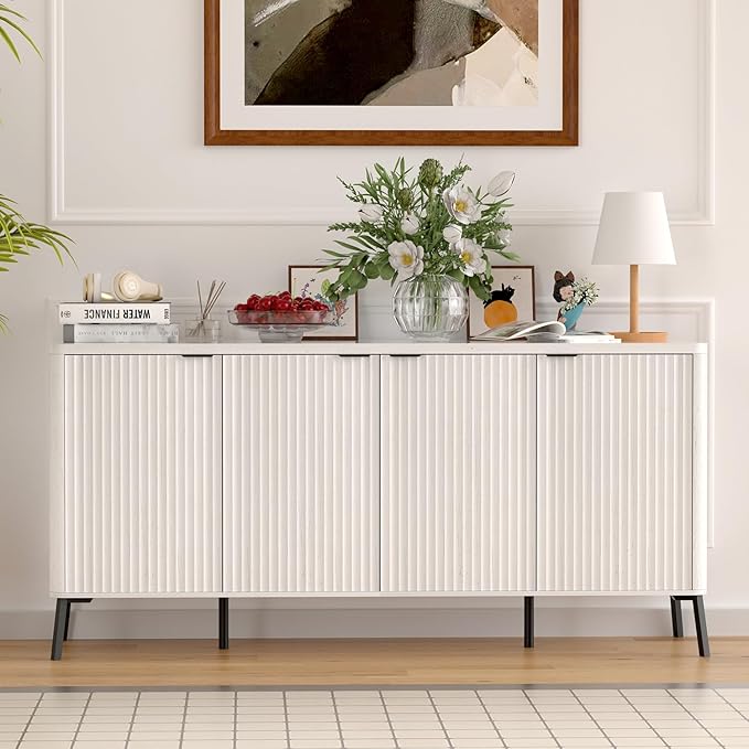 Buffet Cabinet, 63" Large Sideboard Buffet Cabinet with Storage, Modern Fluted Sideboard with 4 Doors, Wood Credenza Coffee Bar Storage Cabinet, for Living Room, Kitchen, Hallway, White