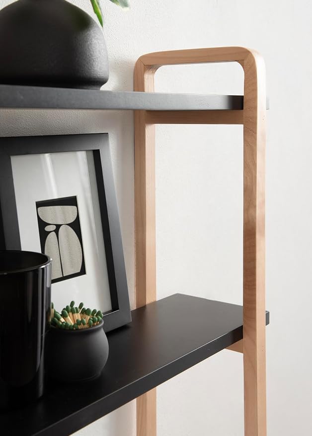 Kate and Laurel Summit Modern Three-Tier Wall Shelf, 18 x 6 x 25, Black and Natural Wood, Transitional Decorative Multi-Tiered Storage Shelf Wall Organizer for Decor and Display