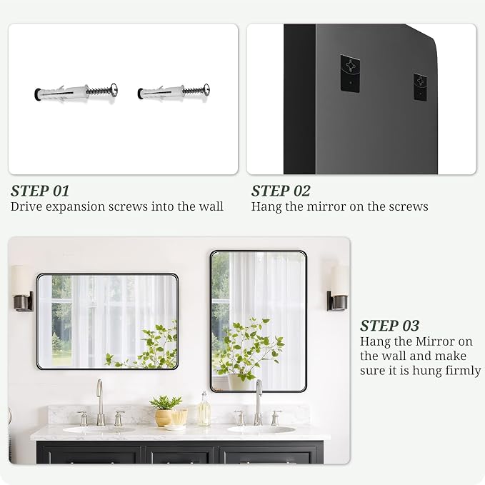 Bathroom Mirror 36x24 Inch Black Metal Frame Rectangle Vanity Mirror with Rounded Corners, Modern Wall Mounted Anti-Rust Mirror for Farmhouse, Restroom, Entryway, Horizontal or Vertical Hanging