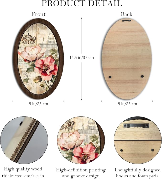 UYIKG Vintage Oval Framed Wall Art Decor,Farmhouse Floral Oval Wooden Wall Decor,Cottagecore Wooden Framed Decorations for Theme Room Home Bedroom Living Room Home Office 9x14.6 in