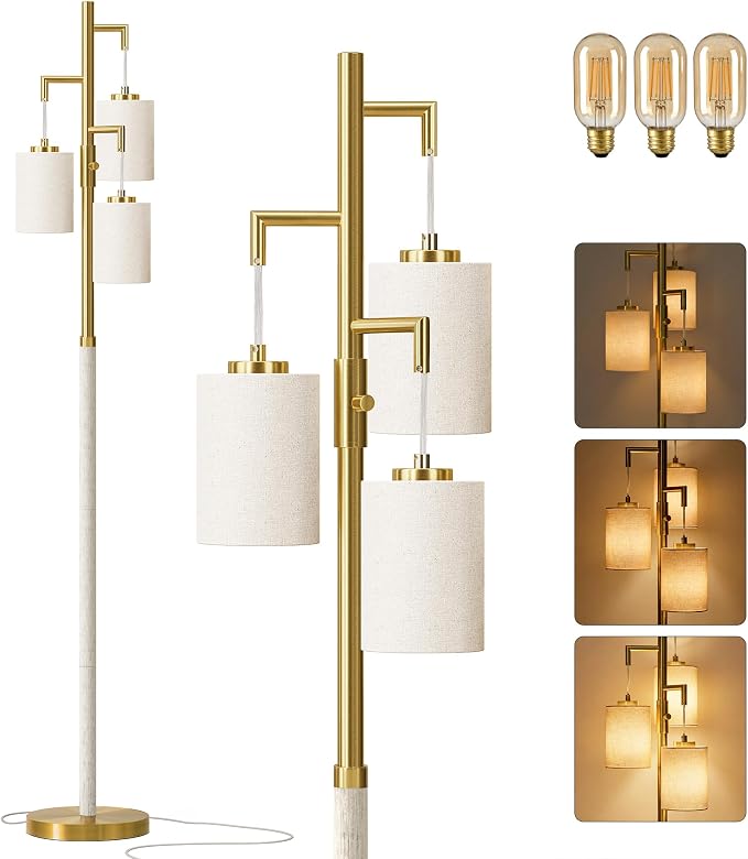 G-SAFAVA 70" Dimmable Floor Lamp Wood Floor Lamps for Living Room Bedroom Mid Century Modern Floor Lamp Gold Standing Lamp Tall Lamps for Office Nursery Reading Elegant Stand Up Lamp, 3 Bulbs Included