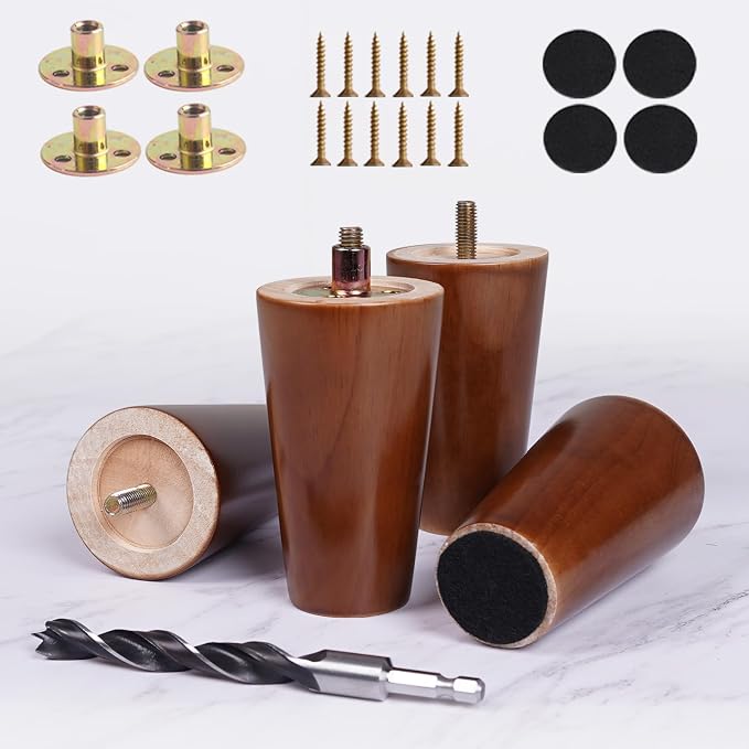 4 Inch Wood Furniture Legs Set of 4 - Solid Wood Replacement Furniture Feet for Tables, Sofas & Chairs - 4 Inch Wooden Table Legs & Cabinet Supports - Walnut Finish,Rubberwood