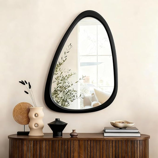 Asymmetrical Mirror, 30"x20" Unique Irregular Wall Mirror, Wood Mid Century Modern Mirror Decor for Bathroom Bedroom Living Room Entryway Hallway (Black)