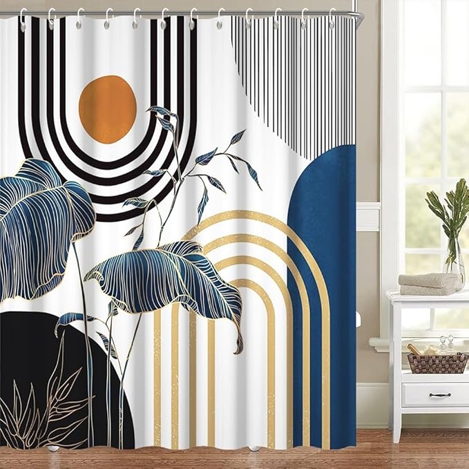 Mid Century Boho Shower Curtain for Bathroom Modern Abstract Minimalist Bathroom Decor Set Blue Gold Leaf Sun Arch Bathtub Curtains Machine Washable Waterproof Polyester Fabric with Hooks 69x70 Inch