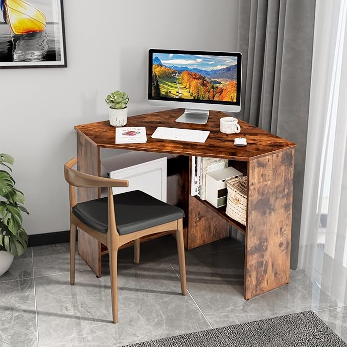 LDAILY Corner Desk, Space Saving 90 Degree Triangle Computer Desk with Storage Shelves & Cable Holes, Wood Compact Corner Writing Table for Small Spaces, Home Office, Bedroom & Living Room, Coffee