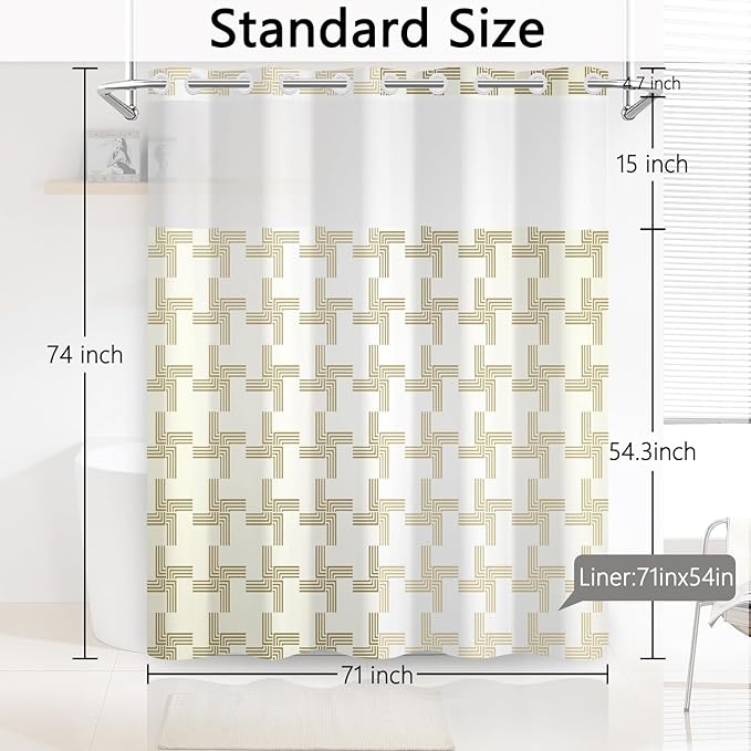 No Hook Shower Curtain with Snap in Liner, Gold Geometric Pattern, Waterproof Fabric Double Layers for Bathroom, See Through Top Window, 71x74 Inch