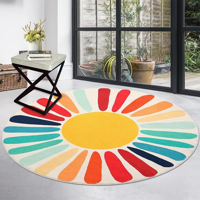 Garvee Rainbow Sun Round Rug, Washable 3ft Non Slip Low Pile Rug with Cute Sun Print for Nursery Sofa Bedroom, Mid Century Modern Circle Rugs for Playroom Kids Room, Colorful Red