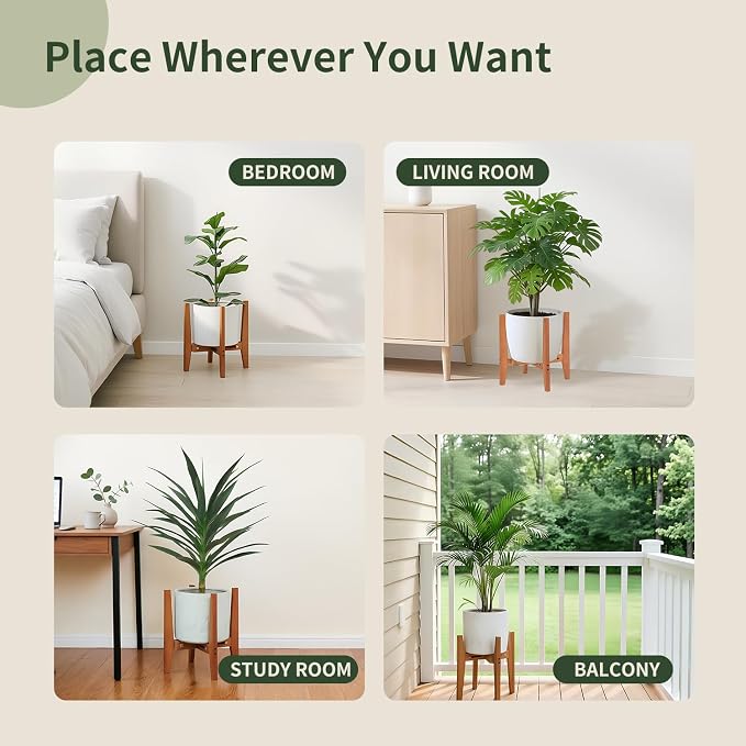 Wooden Adjustable Plant Stand, Mid Century Modern Metal Plant Holder for Indoor & Outdoor, Fits 8 to 15 Inch Planters, Heavy Duty Flower Pot Stand for Living Room, Corner, Patio (Brown,Pot & Plant Not Included)