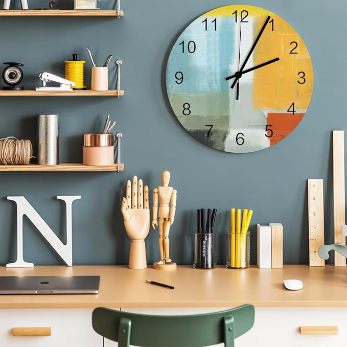 Abstract Painting Art Style Orange Blue Yellow Grey Red Wall Clock Battery Operated Non-Ticking 10" Round Wood Clocks, Kitchen Wall Clock for School Bathroom Living Room Home Office Wall Decor