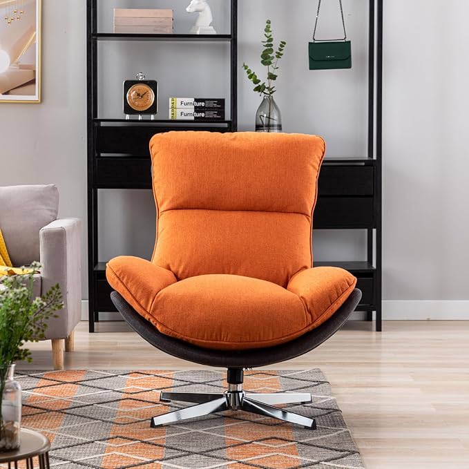 Modern Swivel Accent Chair, Upholstered Linen Fabric Lounge Chair Sofa Chair with High Backrest, Comfy Rocking Chair for Living Room Bedroom, Orange