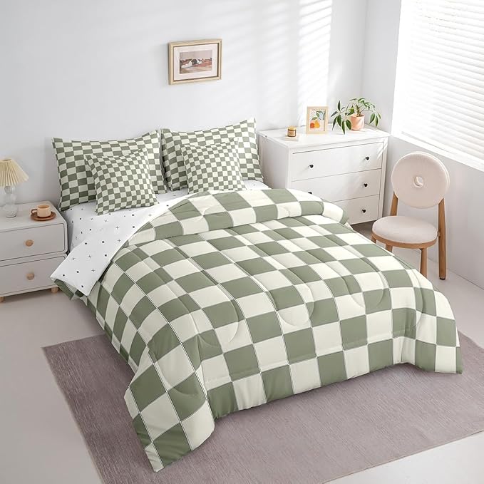 Erosebridal Plaid Twin Comforter Set 7 Piece Beige Sage Green Checkerboard Bed in A Bag with Sheets Geometric Checkered Bedding Set for Kids Boys Girls,Aesthetic Grid Bed Set
