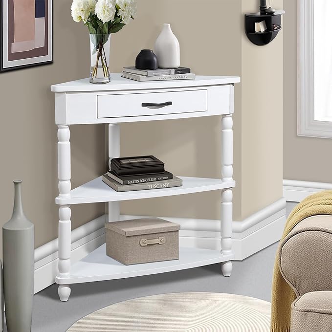 33.86" Corner Table, Wood 3 Tier Triangle Side Table Corner Shelf Stand with Solid Wood Legs 1 Drawer & 2 Storage Shelves for Living Room Small Space (Milk White)