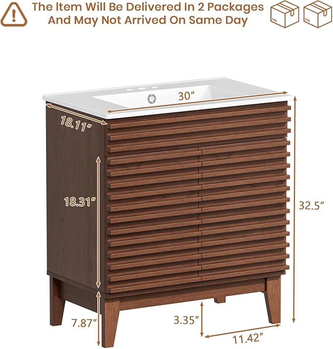 ROOMTEC 30" Bathroom Vanity with Sink, Mid-Century Freestanding Bathroom Vanity Sink with Storage, Undermount Ceramic Sink, Particleboard Frame with Wood Grain Laminate, Walnut