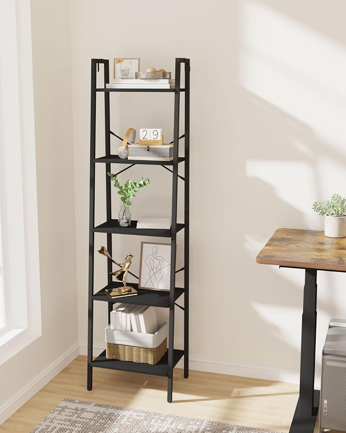 Hzuaneri Ladder Shelf, Bookshelf Bookcase, Freestanding Corner Storage Shelve with 2 Hooks for Home Office, Living Room, Kitchen, Bedroom, Industrial, 11.8" D x 17.3" W x 63" H, Black BC19204B
